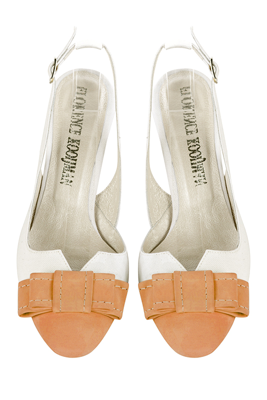 Marigold orange and off white women's open back shoes, with a knot. Round toe. Medium slim heel. Top view - Florence KOOIJMAN